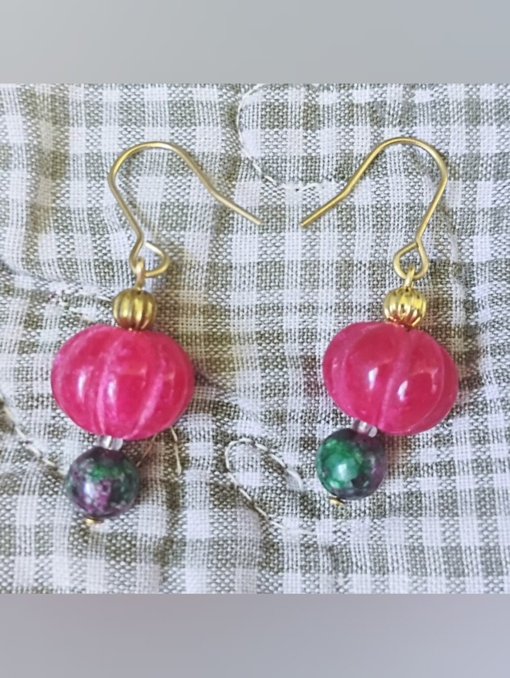 Handmade Pink Ruby and Epidote Beaded Dangle Earrings